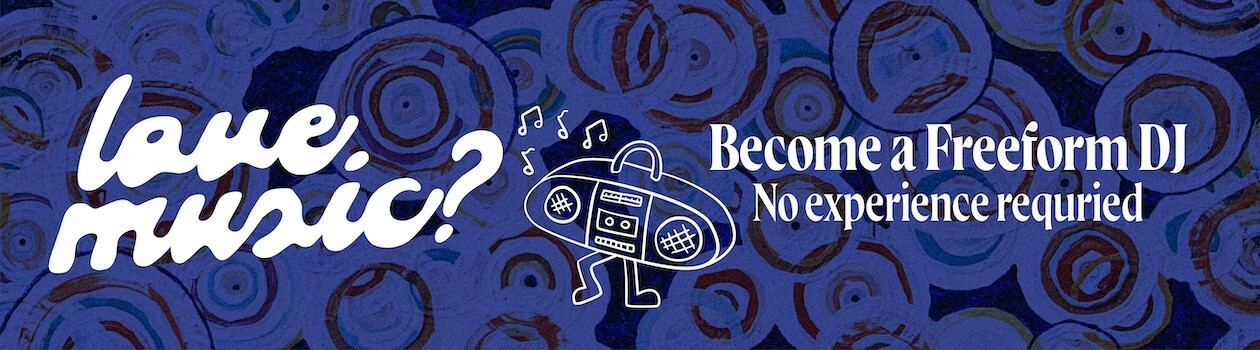 banner with a drawing of a dancing radio; text overlaid: Love Music? Become a Freeform Portland DJ! No experience required.